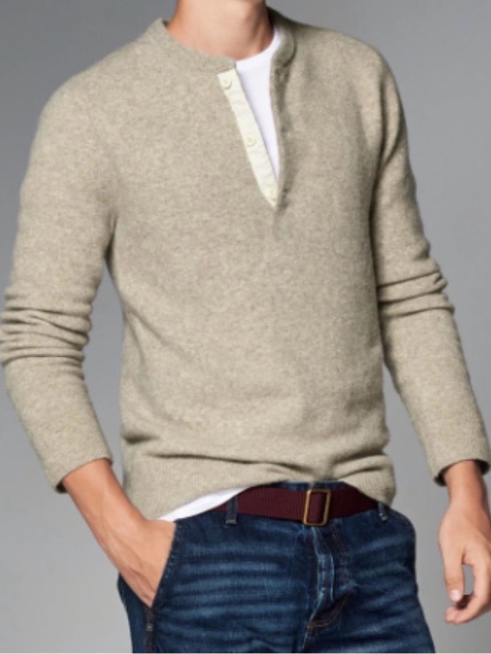 ABERCROMBIE AND FITCH Oatmeal Beige Wool Blend Sweater-Pullover Henley Small